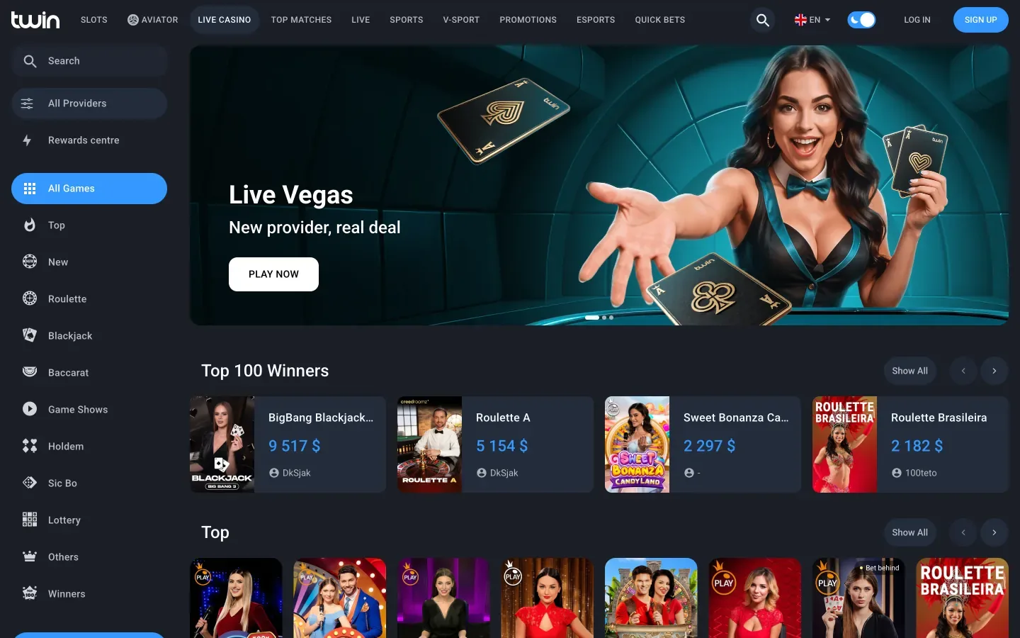 Section Live Casino de Twin avec croupiers en direct et catégories Roulette, Blackjack et Baccarat