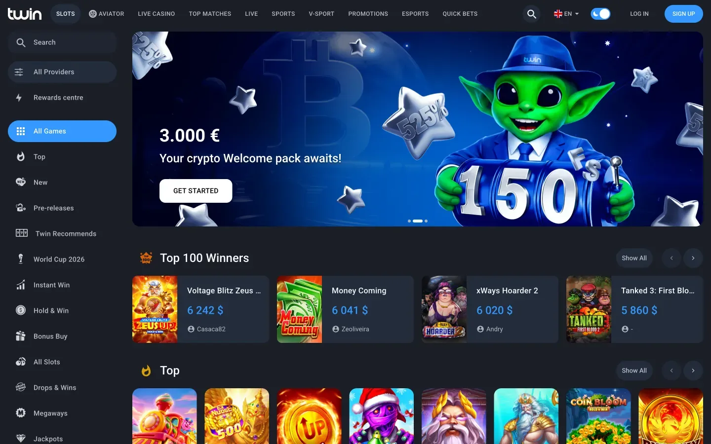 Lobby des jeux Twin Casino avec le menu des catégories et le classement Top 100 Winners
