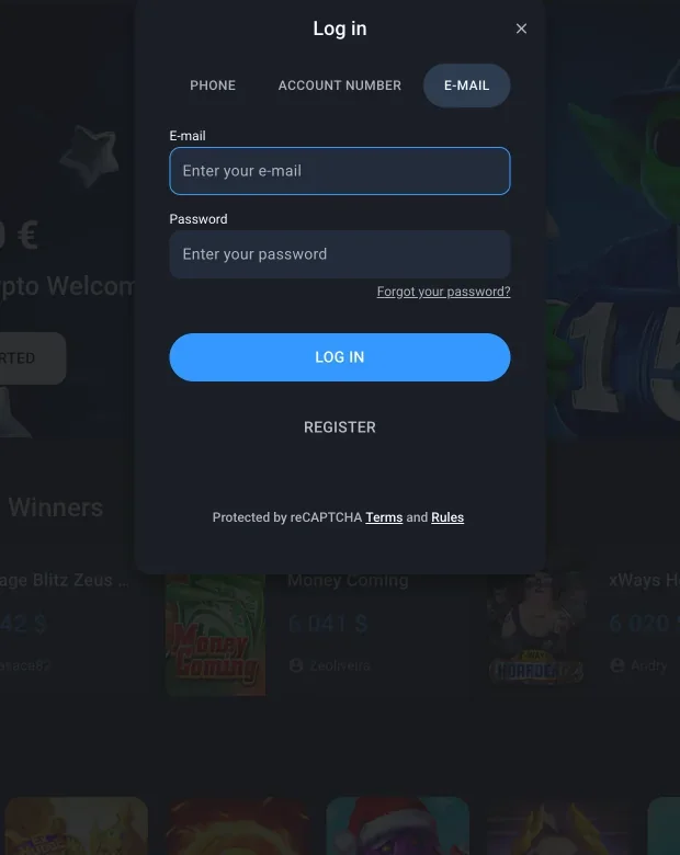 Fenêtre de connexion Twin Casino avec les onglets téléphone, numéro de compte et e-mail